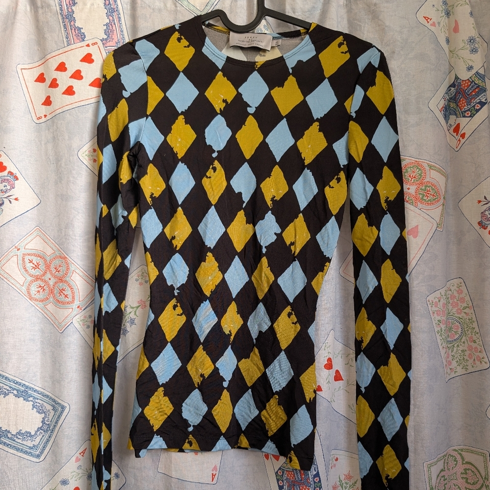 Preen by Thornton Bregazzi Asymmetric Harlequin Print Jersey Sheer Blouse XS